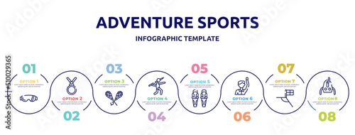 adventure sports concept infographic design template. included sport sunglasses, nobel prize, lacrosse, javelin, shin, committee, football flag, sheave icons and 8 option or steps.