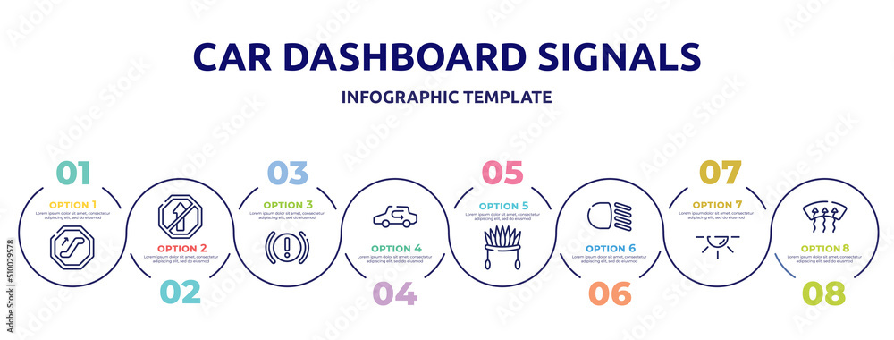 car dashboard signals concept infographic design template. included or, no straight, brake system warning, recirculation, indian headdress, low beam, dome light, windshield defrost icons and 8