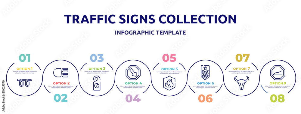 traffic signs collection concept infographic design template. included glowplug, high beam, do not disturbe, keep right, fire, explosive, skull of a bull, slope icons and 8 option or steps.