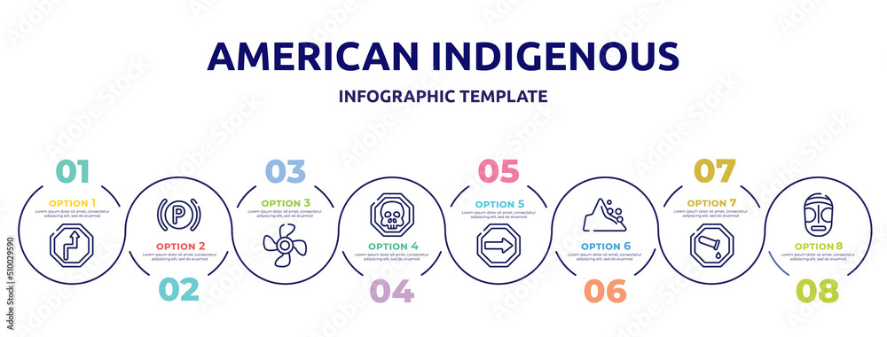 american indigenous concept infographic design template. included bend, parking lights, ventilating fan, death, one way, mountain pse, chemical products, native american mask icons and 8 option or