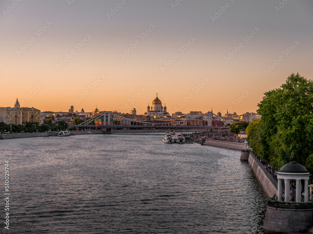 Sunset view of the Cathedral of Christ the Savior and the Moscow river in Moscow, Russia.