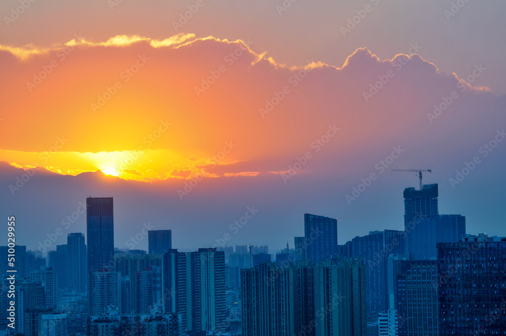 city skyscrapers in sunset