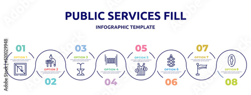 public services fill concept infographic design template. included no turn, baby changer, public fountain, zebra crossing, yield, semaphore light, plain flag, men toilet icons and 8 option or steps.