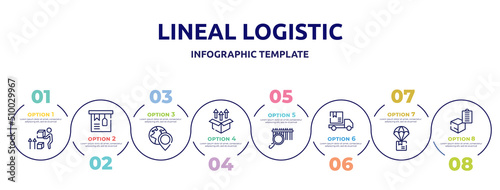 lineal logistic concept infographic design template. included lift up, tagged package, worldwide pin, unpacking, barcode scan, package on rolling transport, parachute box, delivery clipboard icons