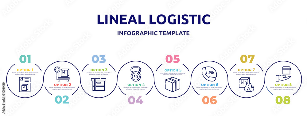 lineal logistic concept infographic design template. included dispatch note, parcel weight, small cardboard box, weight tool, closed cardboard box, 24 hours phone service, flammable box, delivery in