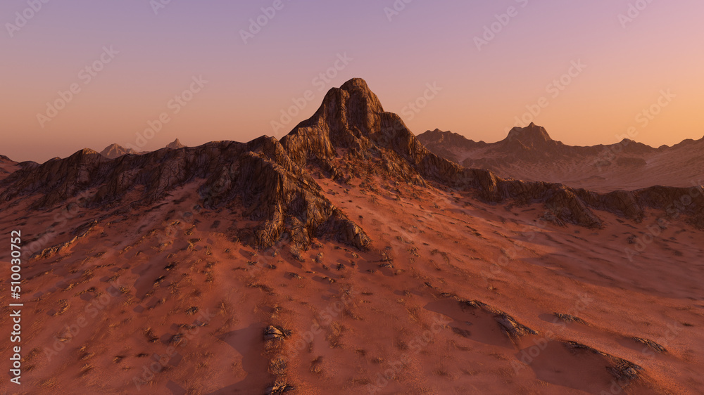 Mountain peak in red desert at sunset. 3D render.