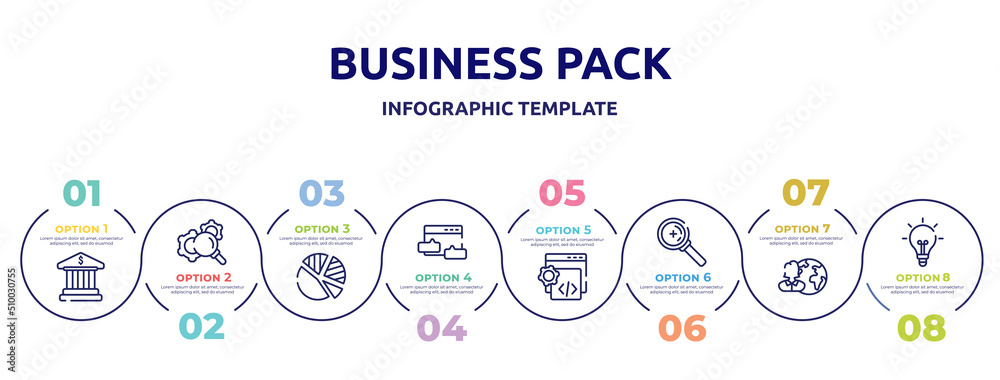 business pack concept infographic design template. included bank building, gear with magnifying glass, pie chart with piece, blog commenting, custom coding, zoom or search, user, lightbulb black business pack concept infographic design template. included bank building, gear with magnifying glass, pie chart with piece, blog commenting, custom coding, zoom or search, user, lightbulb black
