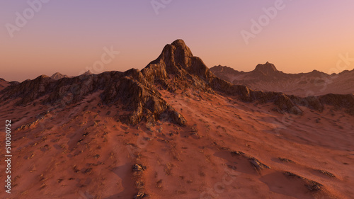 Mountain peak in red desert at sunset. 3D render.