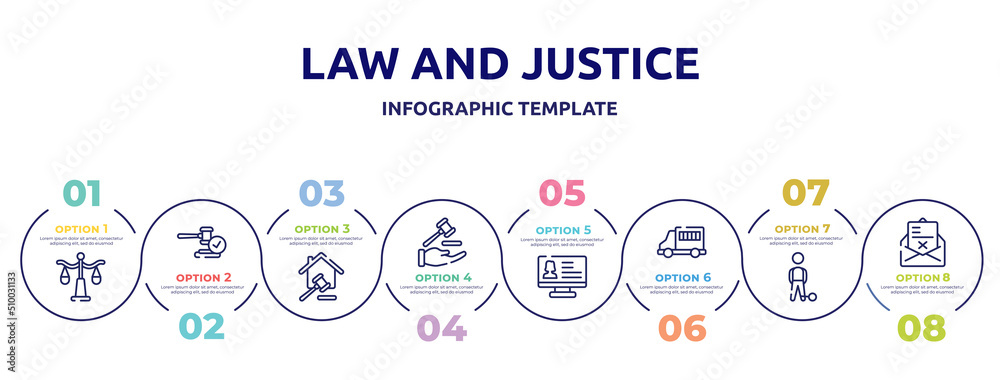 law and justice concept infographic design template. included justice scale, veredict, property and finance, qualified protection, criminal database, prisoner transport vehicle, convict, crime