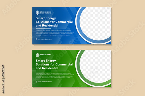smart energy solutions horizontal banner design template with green and blue background. circle shape for space of photo collage and text. Combination transparency white element design.