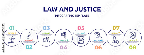 law and justice concept infographic design template. included guilty, feather pen, bankruptcy, murder, policy, divorce, custody, defense icons and 8 option or steps.