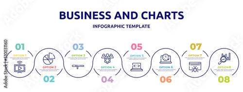 business and charts concept infographic design template. included live streaming, diagrams, baton stick, team management, clean code, circular clock, web crawler, search stats icons and 8 option or