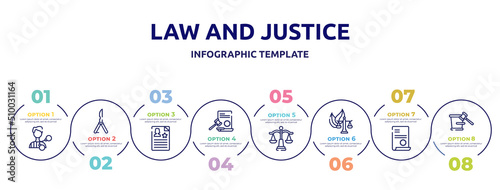 law and justice concept infographic design template. included criminal, butterfly knife, criminal record, law paper, law balance, environmental contract court trial icons and 8 option or steps.
