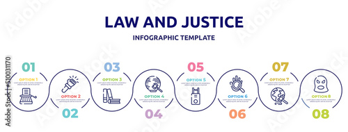 law and justice concept infographic design template. included stenographer, violence, practise areas, international law, electroshock weapon, evidence, diploy, balaclava icons and 8 option or steps.