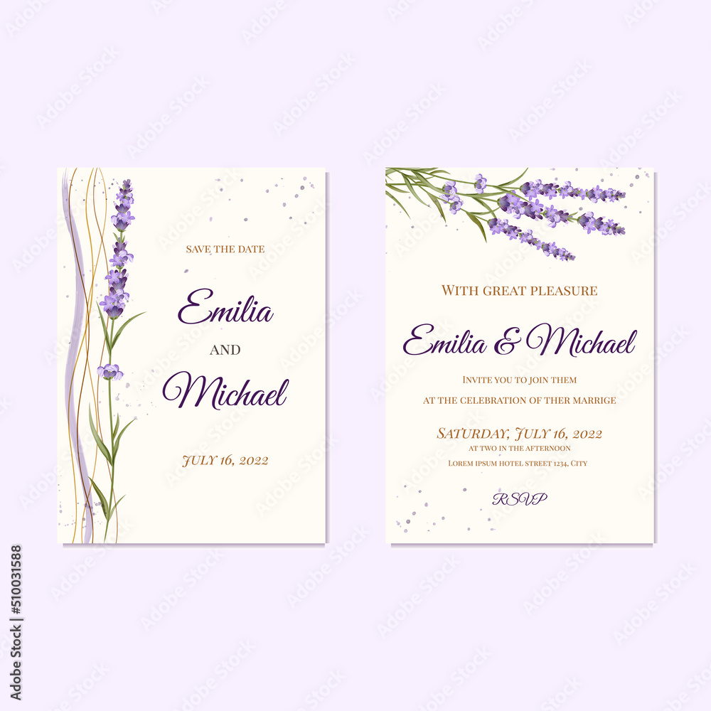 Floral wedding invitation card template design, lavander flowers with leaves  Watercolor vector illustration