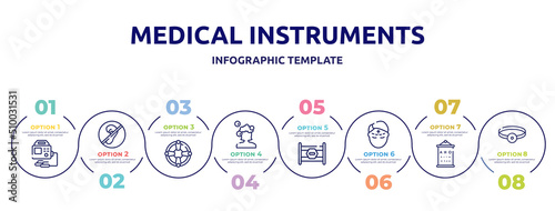 medical instruments concept infographic design template. included defibrillator, deaf, life saver, hair wash, road block, forehead, sight check table, head mirror icons and 8 option or steps.