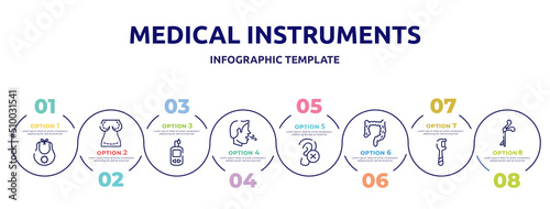 medical instruments concept infographic design template. included baby bib, augmentation, glucometer, breath, impaired, intestine, floss, medical clamp icons and 8 option or steps.