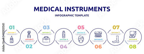 medical instruments concept infographic design template. included drop medicine, tooth pliers, organ container, body oil, aesthetic, dentures, ankle, ultrasonography icons and 8 option or steps.