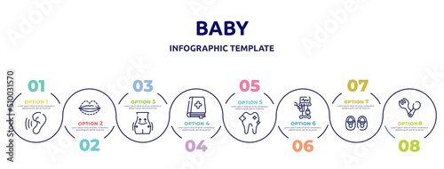baby concept infographic design template. included hearing, sil, operating, medicine book, orthodontic, ventilator, baby shoes, spoon and fork icons and 8 option or steps.