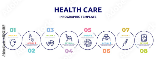 health care concept infographic design template. included chin, oxygen mask, optometrist, potty, microscopic, doctor briefcase, syringe needle, medical results icons and 8 option or steps.