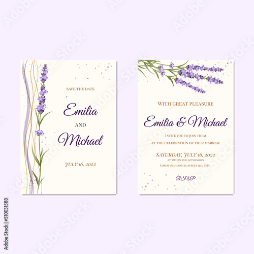 Floral wedding invitation card template design, lavander flowers with leaves Watercolor vector illustration