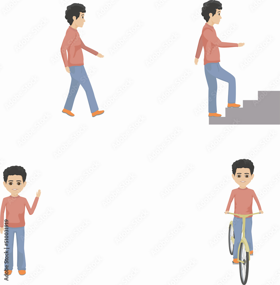 same boy climbing stairs, walking, biking and waving same boy climbing stairs, walking, biking and waving