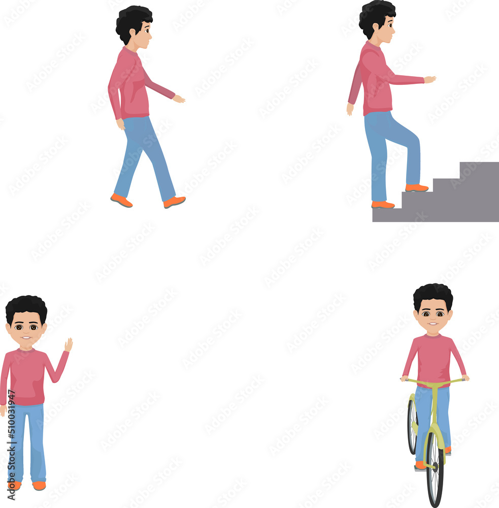 same boy climbing stairs, walking, biking and waving same boy climbing stairs, walking, biking and waving
