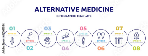 alternative medicine concept infographic design template. included allergic, pear enema, negativity, medical care, splint, incisor, sample tube, apitherapy icons and 8 option or steps.