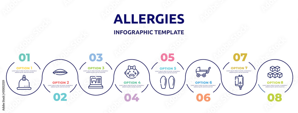 allergies concept infographic design template. included cupping, soya, null, crying, suppositories, buggy, blood bag, sugar cube icons and 8 option or steps.