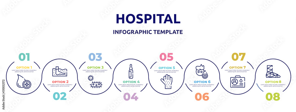 hospital concept infographic design template. included donor, thalassotherapy, bacterium, ampoule, rash, sleep deprivation, blood donor card, cast icons and 8 option or steps.