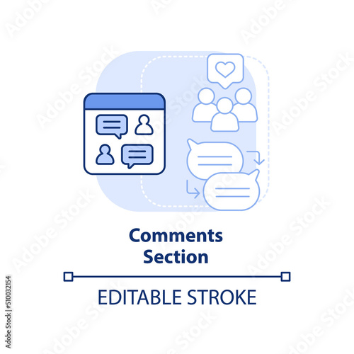 Comments section light blue concept icon. Website users feedback. Advanced SEO abstract idea thin line illustration. Isolated outline drawing. Editable stroke. Arial, Myriad Pro-Bold fonts used