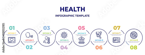 health concept infographic design template. included heart rate monitor, sneeze, fever, pollen, blood bank, blood pressure meter, icu, antibacterial icons and 8 option or steps.
