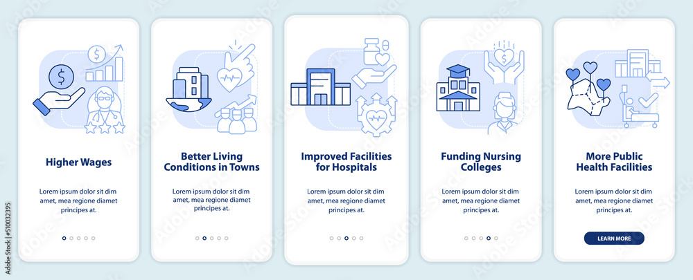 Healthcare system efficiency light blue onboarding mobile app screen. Walkthrough 5 steps editable graphic instructions with linear concepts. UI, UX, GUI template. Myriad Pro-Bold, Regular fonts used