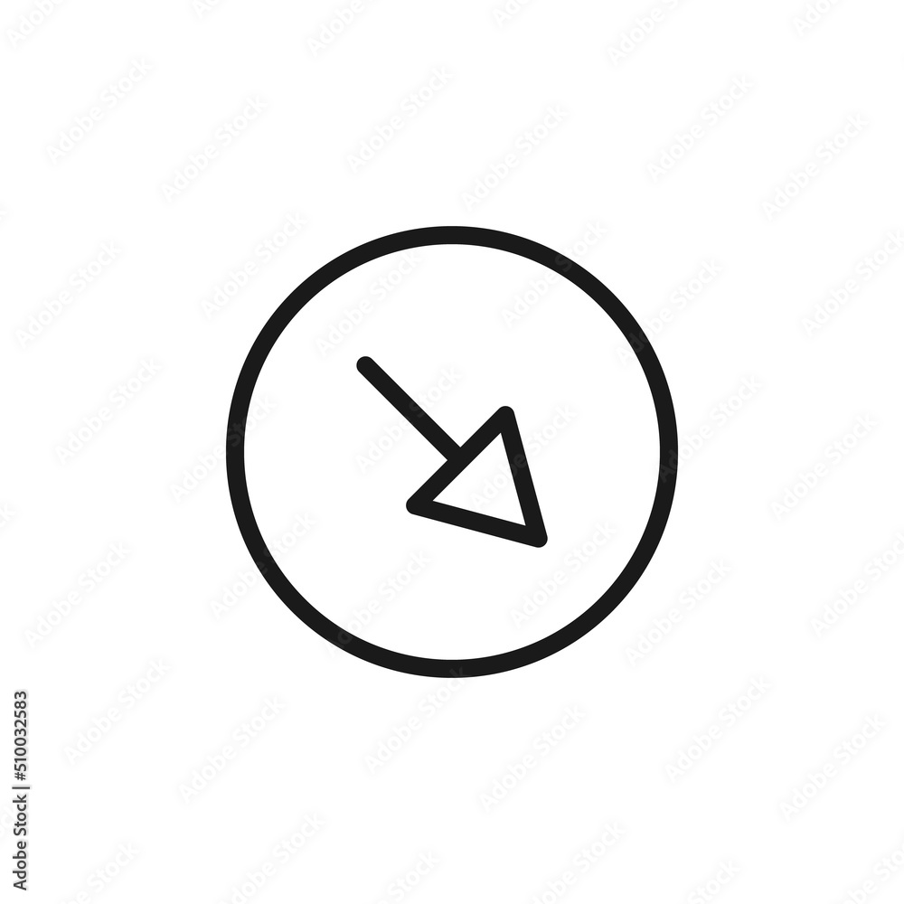 Symbols, signs, interface and internet concept. Simple monochrome illustrations for web sites, stores, apps. Vector line icon of arrow down in left diagonal direction Symbols, signs, interface and internet concept. Simple monochrome illustrations for web sites, stores, apps. Vector line icon of arrow down in left diagonal direction