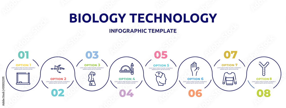 biology technology concept infographic design template. included drawing board, optics, chemicals, drawing tools, doubt, raise hand, sweatshirt, chromosome icons and 8 option or steps.