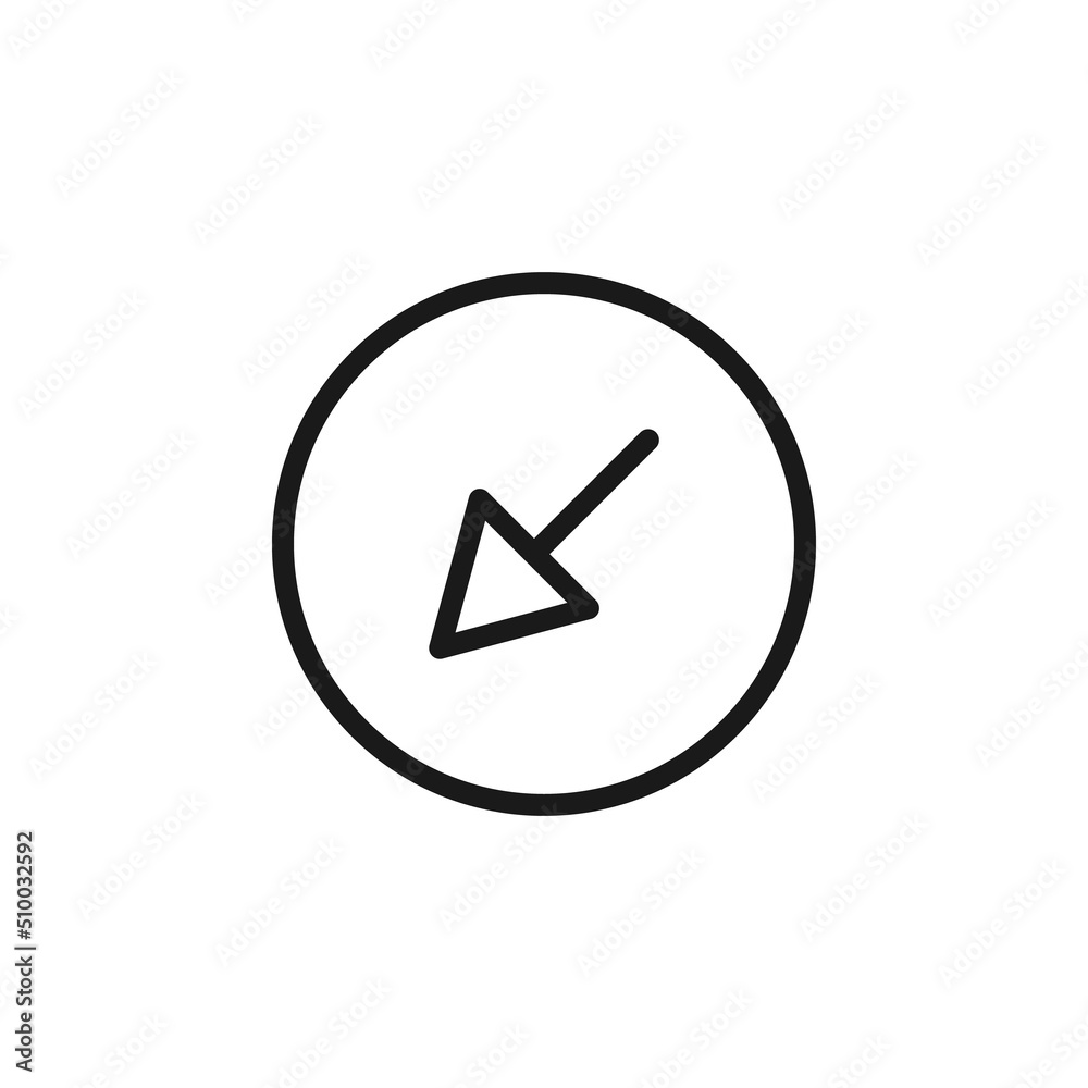Symbols, signs, interface and internet concept. Simple monochrome illustrations for web sites, stores, apps. Vector line icon of arrow down in left diagonal direction Symbols, signs, interface and internet concept. Simple monochrome illustrations for web sites, stores, apps. Vector line icon of arrow down in left diagonal direction