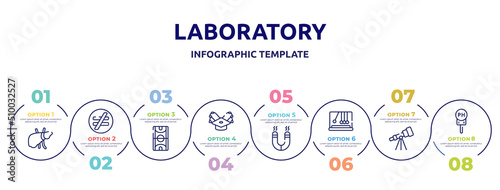 laboratory concept infographic design template. included liver, not equal, basketball court, scholarship, magnetism, newtons cradle, astronomy, ph icons and 8 option or steps.