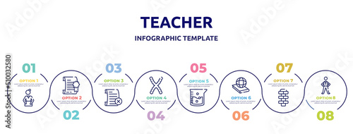 teacher concept infographic design template. included pregnancy, degree, failed, chromosomes, agitator, politics, hopscotch, pe teacher icons and 8 option or steps.