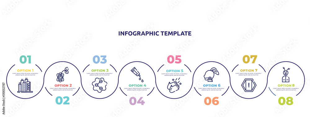 concept infographic design template. included city, biology, social, gel, washing hands, sore throat, attention, headache icons and 8 option or steps.