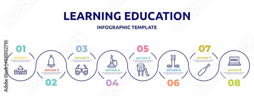 learning education concept infographic design template. included fort, school alarm, testing glasses, bunsen burner, children park, golf equipment, baseball bat, online education icons and 8 option