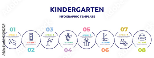 kindergarten concept infographic design template. included qa, reusable bottle, adjustable lamp, chlorophyll, lab coat, golf field, novice, beanbag icons and 8 option or steps.