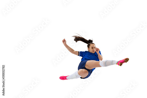 Fototapeta Naklejka Na Ścianę i Meble -  Dynamic portrait of female professional soccer, football player practicing isolated on white studio background. Sport, action, motion, fitness concept