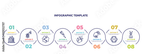 concept infographic design template. included city, biology, social, gel, washing hands, sore throat, attention, headache icons and 8 option or steps.