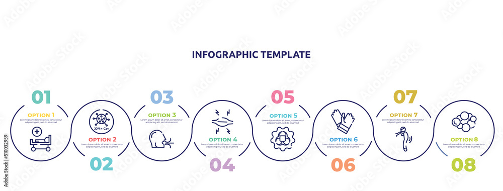 concept infographic design template. included hospital bed, 2019-ncov, breath, myaia, contagious, gloves, difficulty breathing, cancer icons and 8 option or steps.