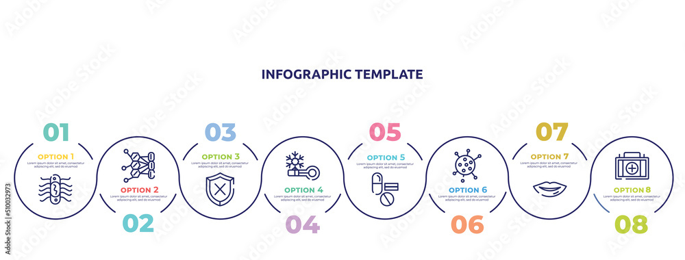 concept infographic design template. included e coli, allergy, unprotected, cold, medicine, flu, lips, medical icons and 8 option or steps. concept infographic design template. included e coli, allergy, unprotected, cold, medicine, flu, lips, medical icons and 8 option or steps.