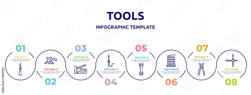 tools concept infographic design template. included null, sanding hine, big stapler, solder, adjustable wrench, rectangles, open pliers, wheelbrace icons and 8 option or steps.