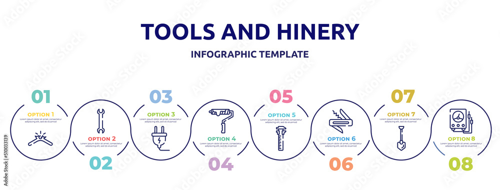 Obraz premium tools and hinery concept infographic design template. included broken cable, big double wrench, electrical plug, brush for painting, sliding scale, jackknife, long shovel, electric gauge icons and 8