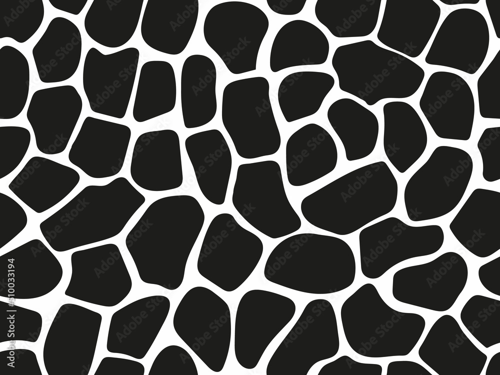 Vector Seamless Black and White Giraffe Skin Pattern on Isolated White Background. Stock texture of the animal. Fashion design, print on fabric wallpaper, website template design. Geometric background Vector Seamless Black and White Giraffe Skin Pattern on Isolated White Background. Stock texture of the animal. Fashion design, print on fabric wallpaper, website template design. Geometric background