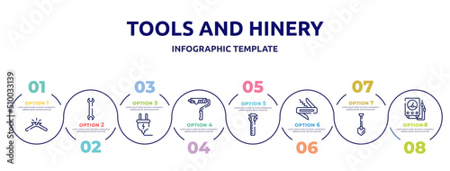 tools and hinery concept infographic design template. included broken cable, big double wrench, electrical plug, brush for painting, sliding scale, jackknife, long shovel, electric gauge icons and 8