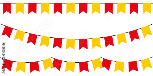 Red and yellow party garlands with pennants. Vector buntings set. II
